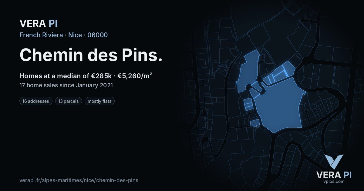 Chemin des Pins, Nice at night – every parcel coloured by the prices around it, the street's own parcels lit