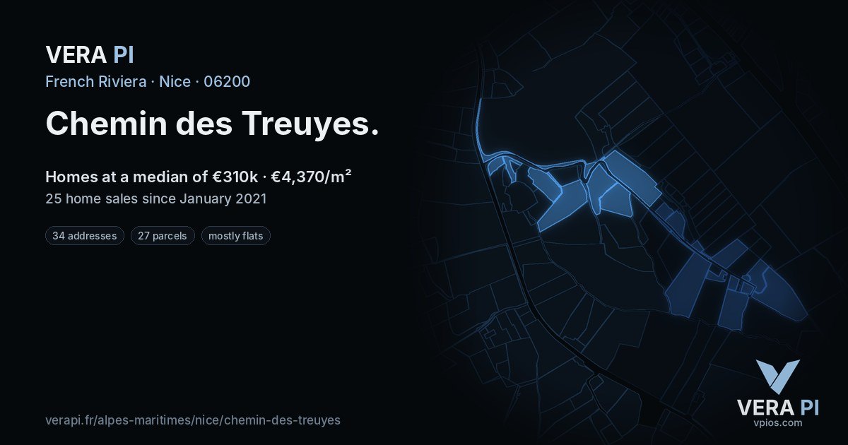 Chemin des Treuyes, Nice at night – every parcel coloured by the prices around it, the street's own parcels lit
