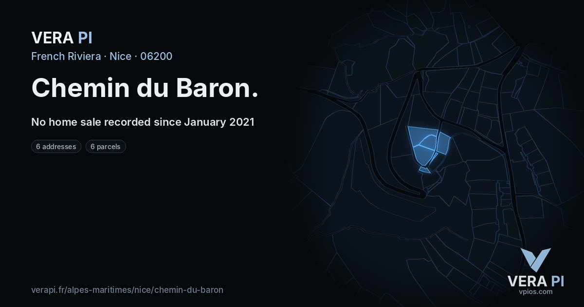 Chemin du Baron, Nice at night – every parcel coloured by the prices around it, the street's own parcels lit