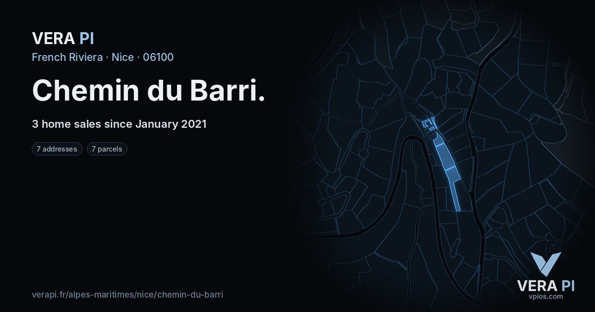 Chemin du Barri, Nice at night – every parcel coloured by the prices around it, the street's own parcels lit