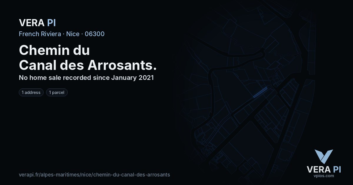 Chemin du Canal des Arrosants, Nice at night – every parcel coloured by the prices around it, the street's own parcels lit