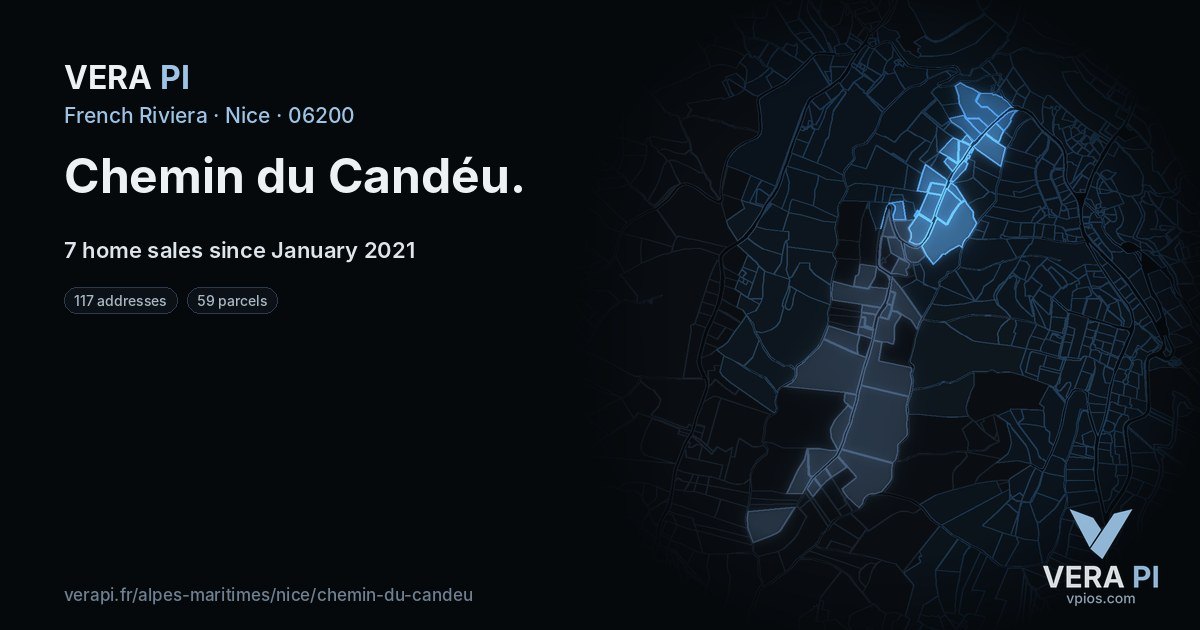 Chemin du Candéu, Nice at night – every parcel coloured by the prices around it, the street's own parcels lit