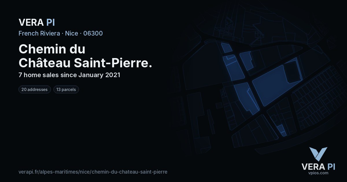 Chemin du Château Saint-Pierre, Nice at night – every parcel coloured by the prices around it, the street's own parcels lit