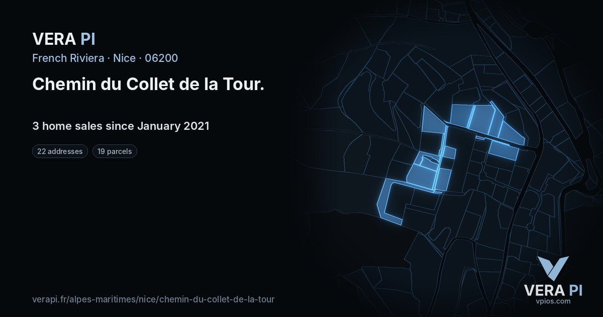 Chemin du Collet de la Tour, Nice at night – every parcel coloured by the prices around it, the street's own parcels lit