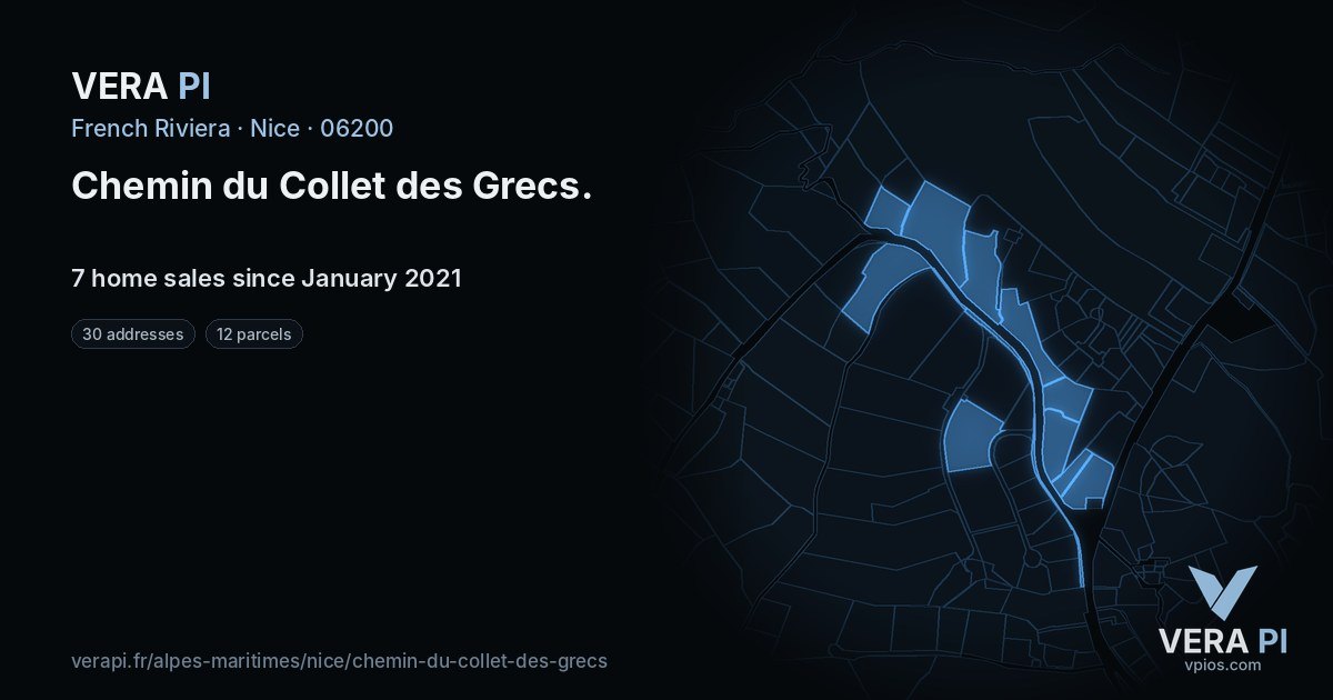 Chemin du Collet des Grecs, Nice at night – every parcel coloured by the prices around it, the street's own parcels lit