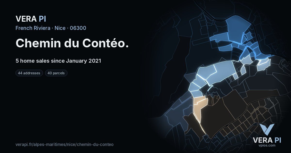 Chemin du Contéo, Nice at night – every parcel coloured by the prices around it, the street's own parcels lit