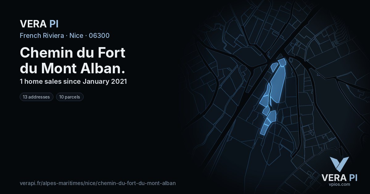 Chemin du Fort du Mont Alban, Nice at night – every parcel coloured by the prices around it, the street's own parcels lit