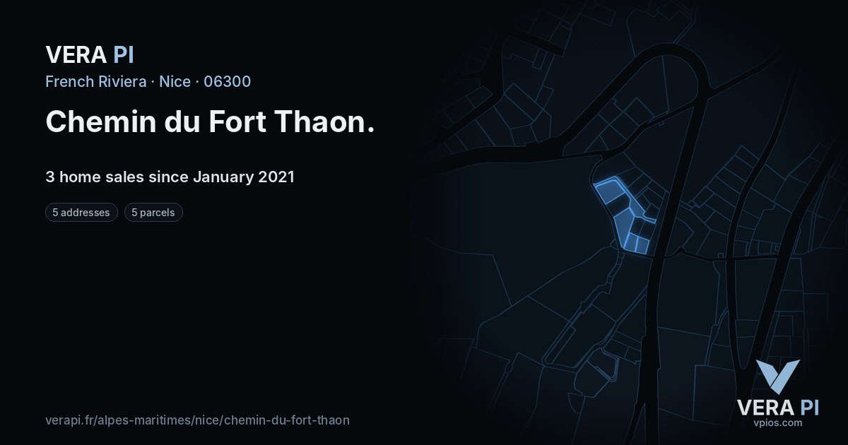 Chemin du Fort Thaon, Nice at night – every parcel coloured by the prices around it, the street's own parcels lit