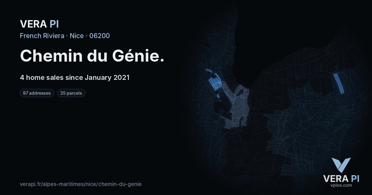 Chemin du Génie, Nice at night – every parcel coloured by the prices around it, the street's own parcels lit
