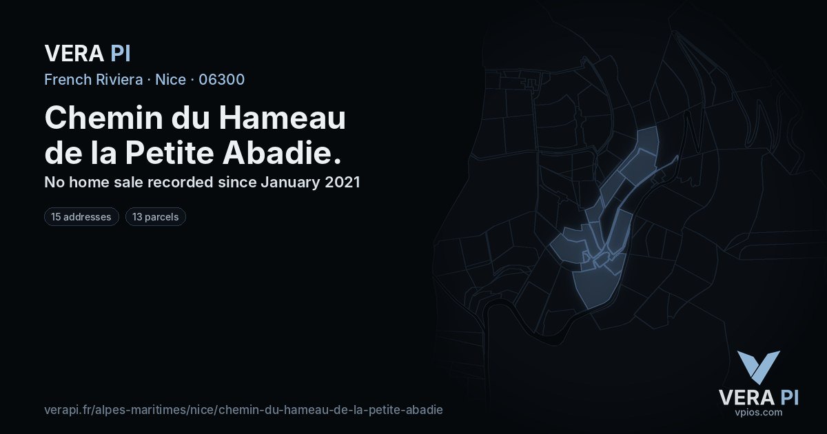 Chemin du Hameau de la Petite Abadie, Nice at night – every parcel coloured by the prices around it, the street's own parcels lit