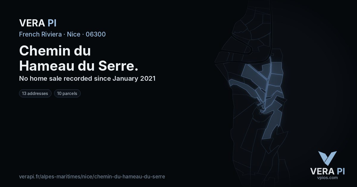 Chemin du Hameau du Serre, Nice at night – every parcel coloured by the prices around it, the street's own parcels lit