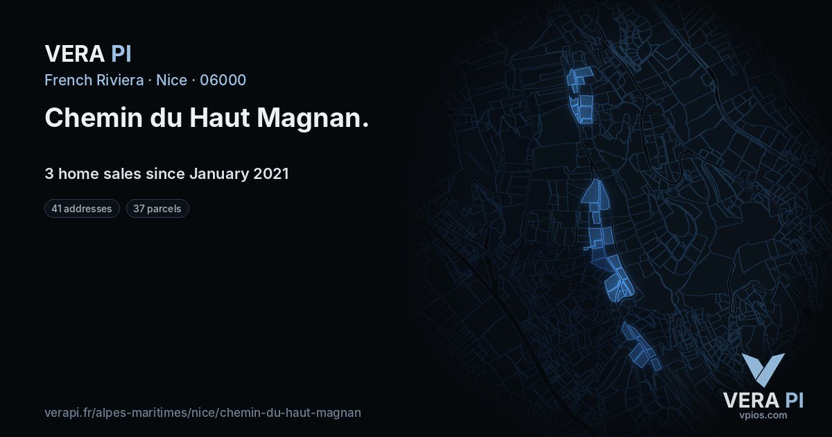 Chemin du Haut Magnan, Nice at night – every parcel coloured by the prices around it, the street's own parcels lit