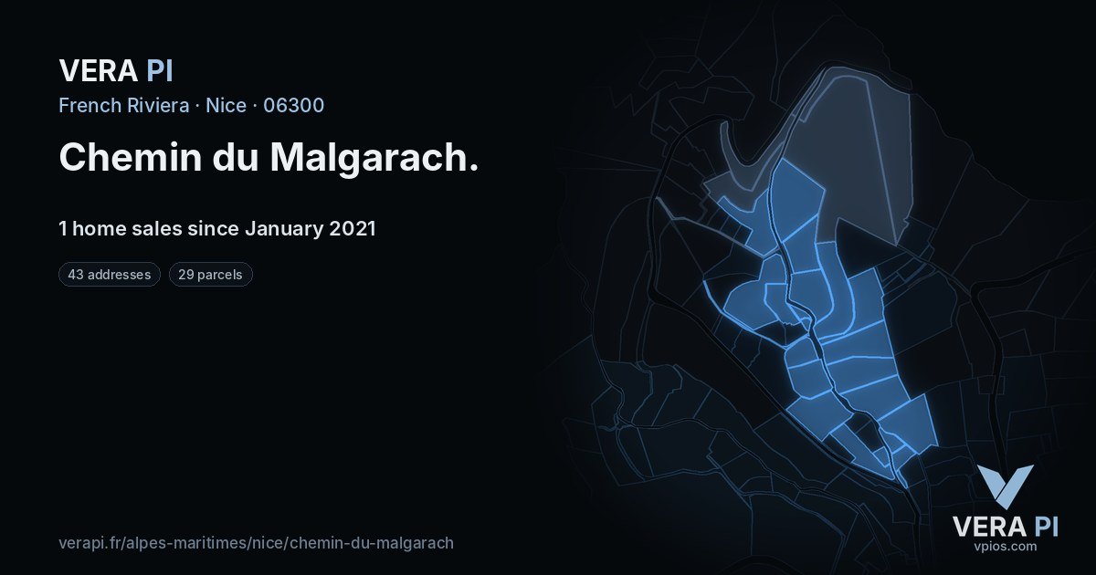 Chemin du Malgarach, Nice at night – every parcel coloured by the prices around it, the street's own parcels lit