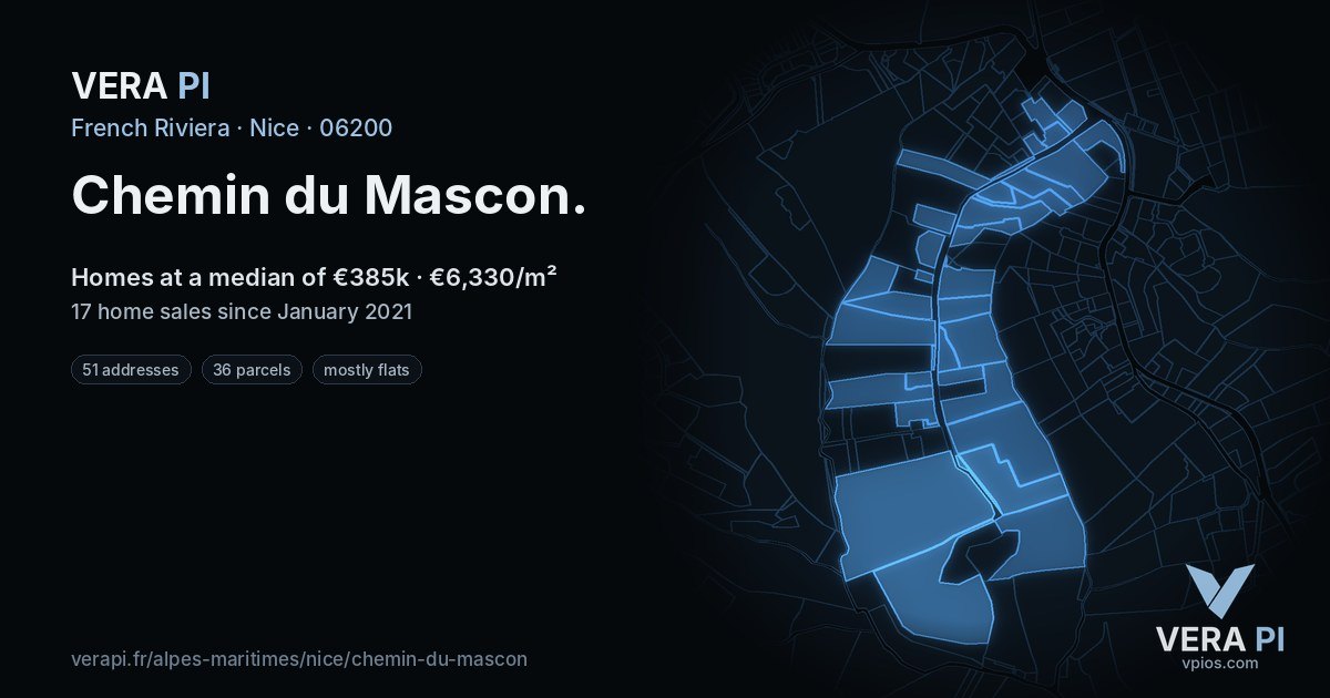 Chemin du Mascon, Nice at night – every parcel coloured by the prices around it, the street's own parcels lit