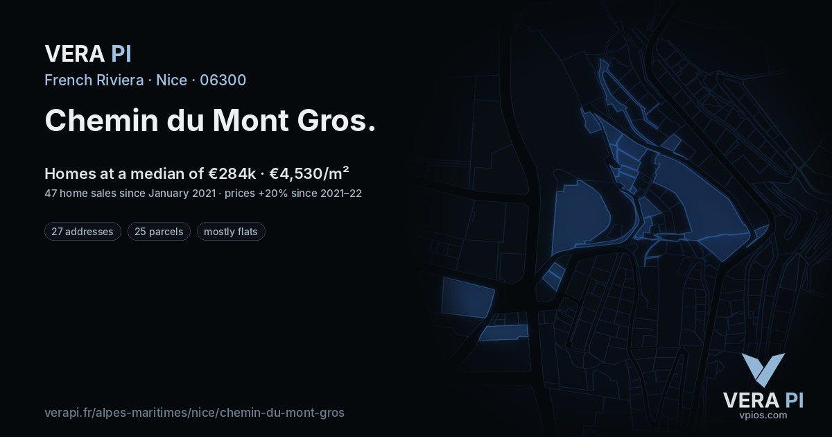 Chemin du Mont Gros, Nice at night – every parcel coloured by the prices around it, the street's own parcels lit