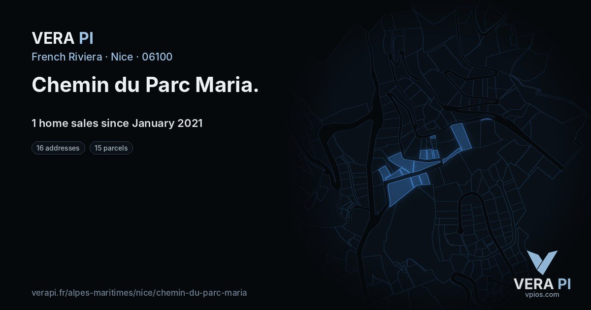 Chemin du Parc Maria, Nice at night – every parcel coloured by the prices around it, the street's own parcels lit