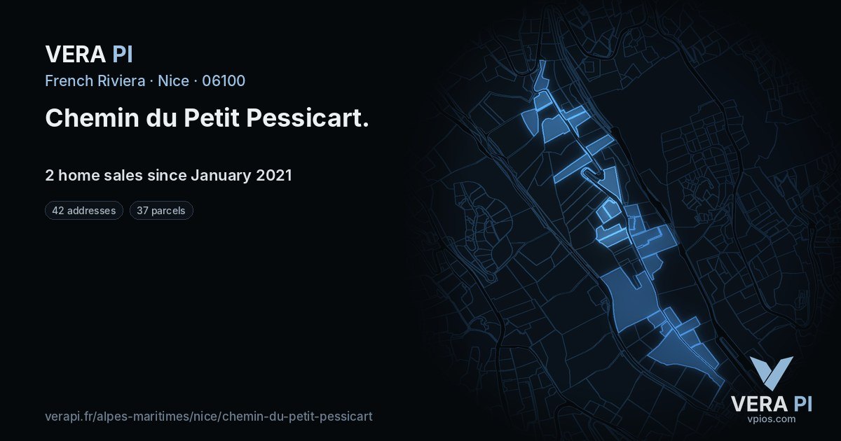 Chemin du Petit Pessicart, Nice at night – every parcel coloured by the prices around it, the street's own parcels lit