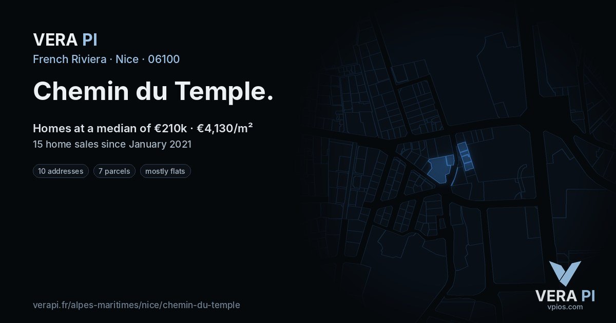 Chemin du Temple, Nice at night – every parcel coloured by the prices around it, the street's own parcels lit