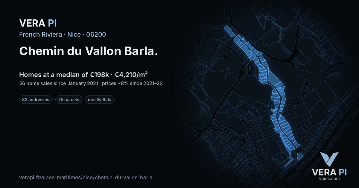 Chemin du Vallon Barla, Nice at night – every parcel coloured by the prices around it, the street's own parcels lit
