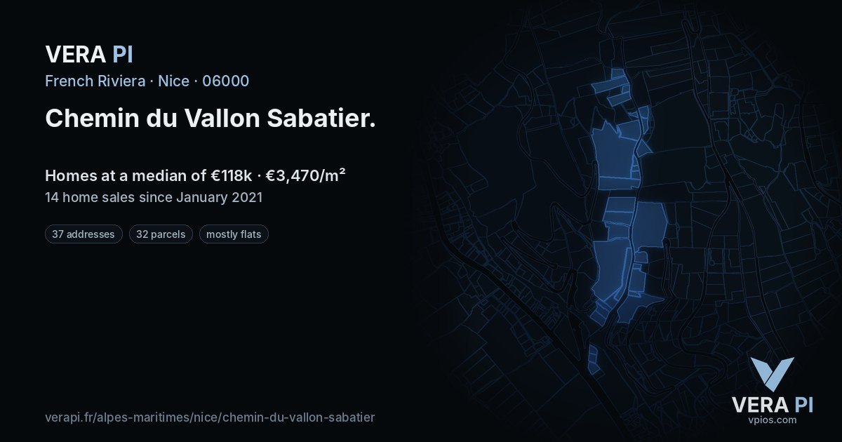 Chemin du Vallon Sabatier, Nice at night – every parcel coloured by the prices around it, the street's own parcels lit