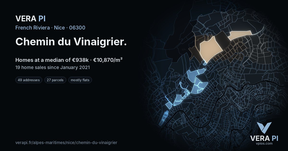 Chemin du Vinaigrier, Nice at night – every parcel coloured by the prices around it, the street's own parcels lit