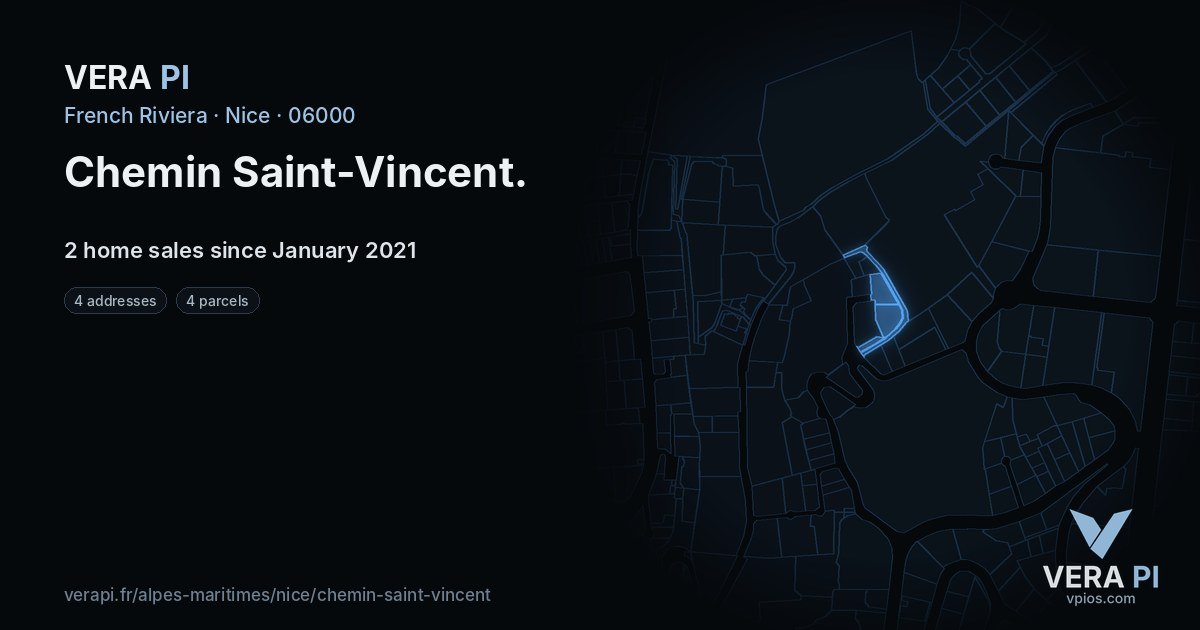 Chemin Saint-Vincent, Nice at night – every parcel coloured by the prices around it, the street's own parcels lit