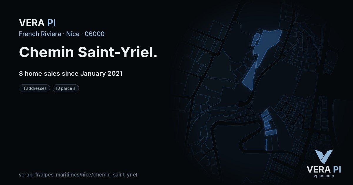 Chemin Saint-Yriel, Nice at night – every parcel coloured by the prices around it, the street's own parcels lit