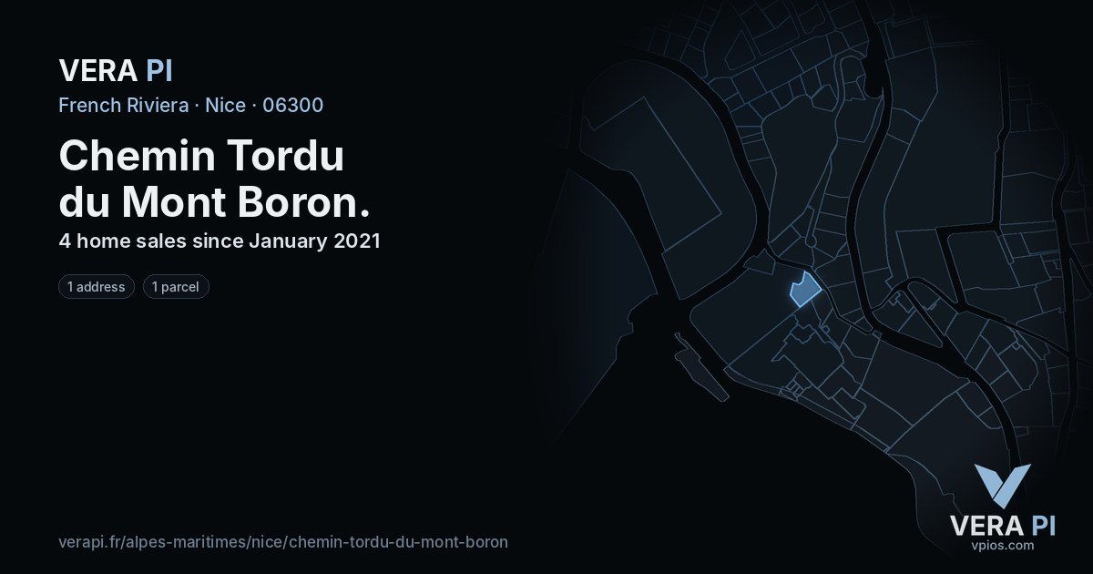 Chemin Tordu du Mont Boron, Nice at night – every parcel coloured by the prices around it, the street's own parcels lit