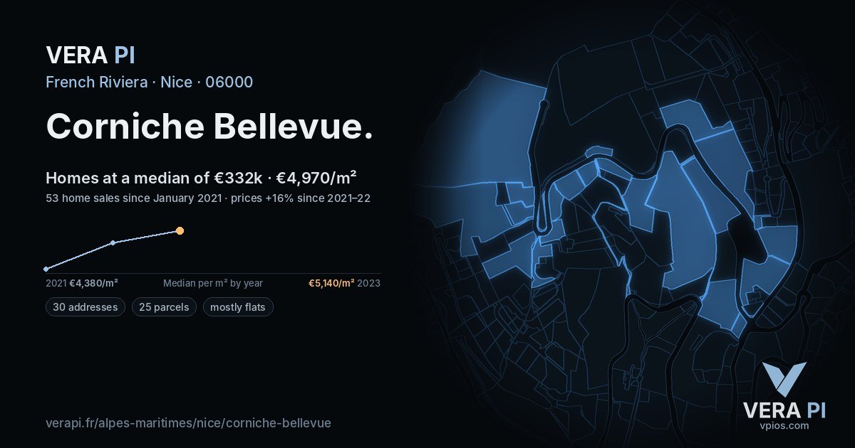 Corniche Bellevue, Nice at night – every parcel coloured by the prices around it, the street's own parcels lit