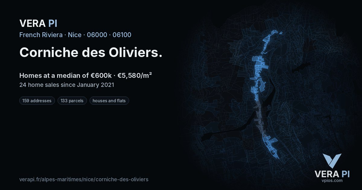 Corniche des Oliviers, Nice at night – every parcel coloured by the prices around it, the street's own parcels lit