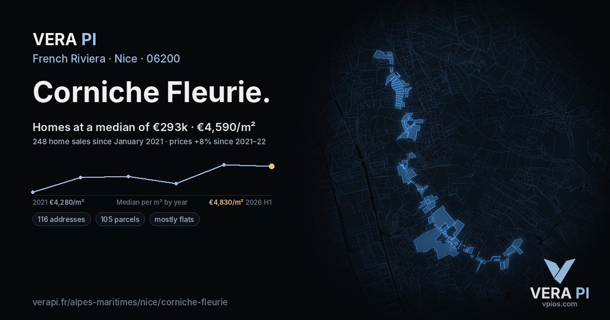 Corniche Fleurie, Nice at night – every parcel coloured by the prices around it, the street's own parcels lit