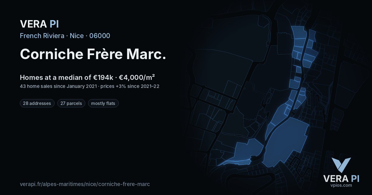 Corniche Frère Marc, Nice at night – every parcel coloured by the prices around it, the street's own parcels lit
