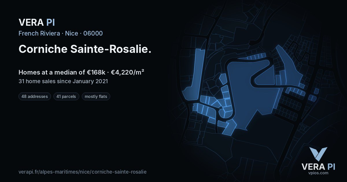 Corniche Sainte-Rosalie, Nice at night – every parcel coloured by the prices around it, the street's own parcels lit