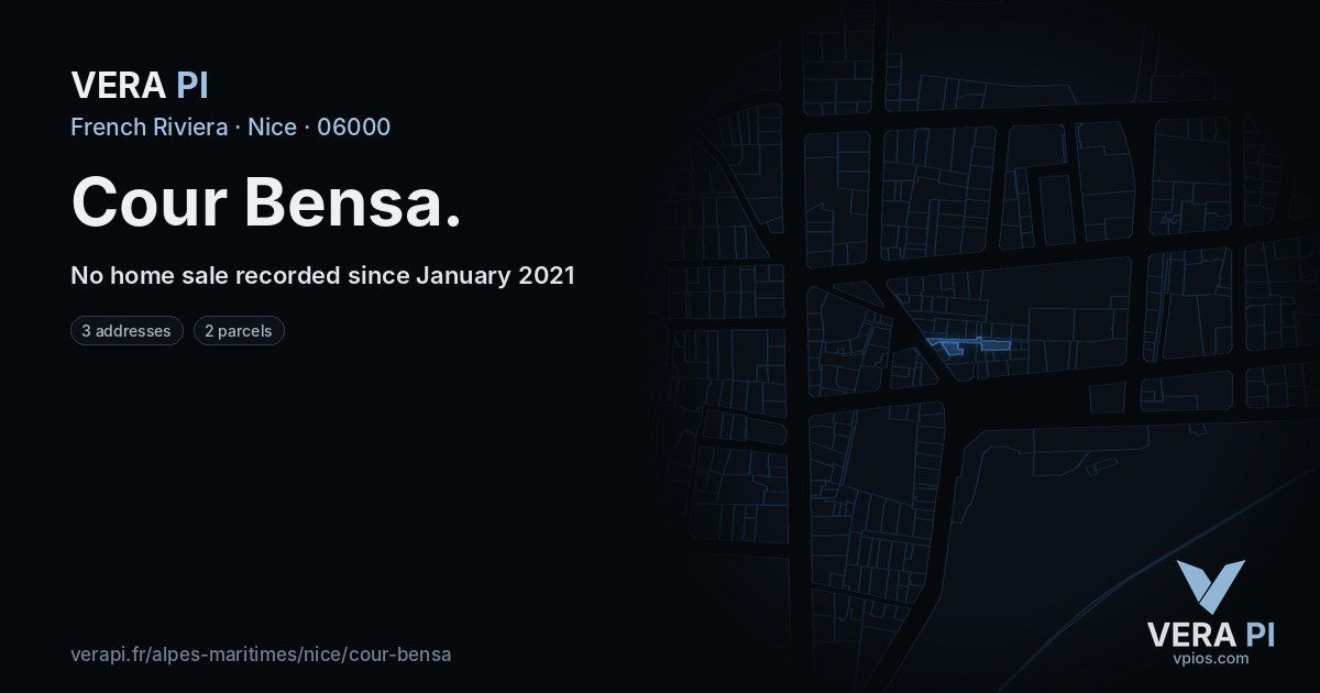 Cour Bensa, Nice at night – every parcel coloured by the prices around it, the street's own parcels lit