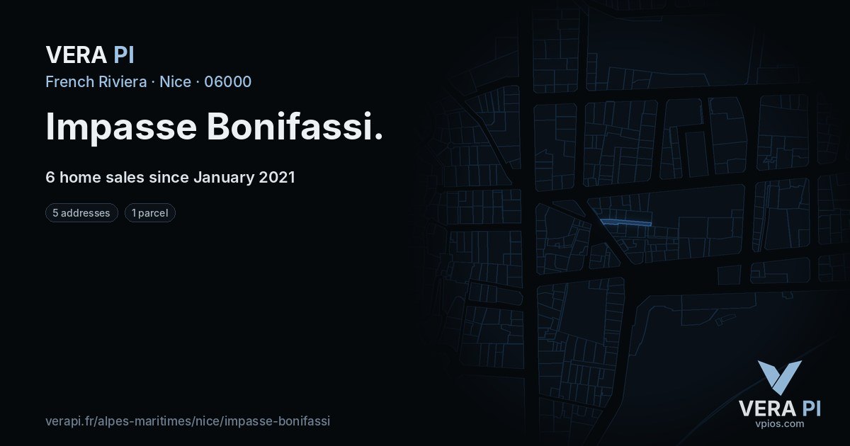 Impasse Bonifassi, Nice at night – every parcel coloured by the prices around it, the street's own parcels lit