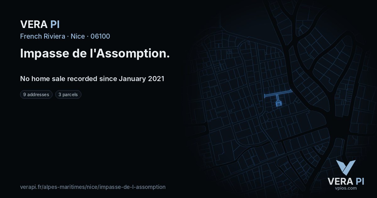 Impasse de l'Assomption, Nice at night – every parcel coloured by the prices around it, the street's own parcels lit
