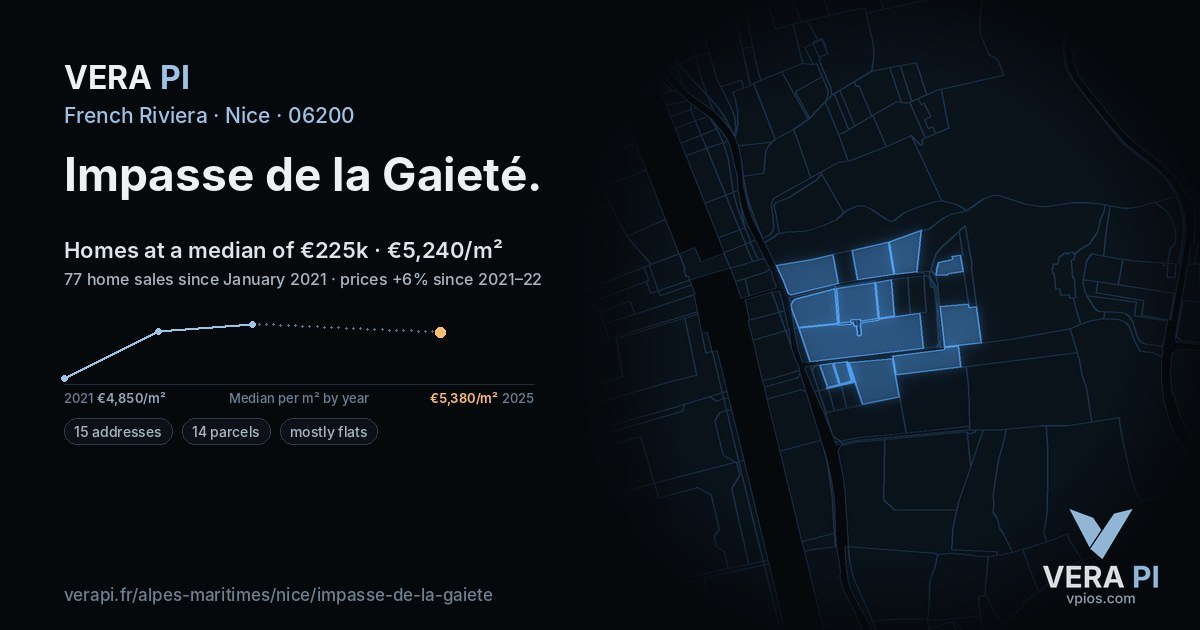 Impasse de la Gaieté, Nice at night – every parcel coloured by the prices around it, the street's own parcels lit