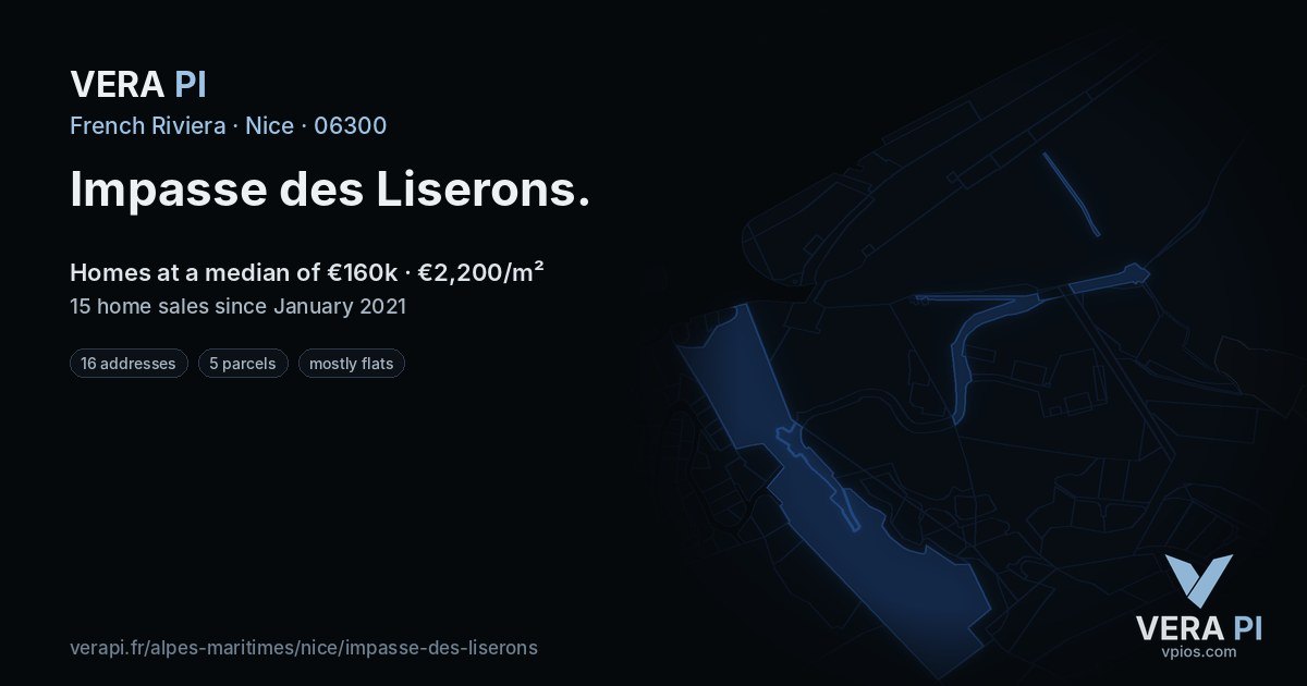 Impasse des Liserons, Nice at night – every parcel coloured by the prices around it, the street's own parcels lit