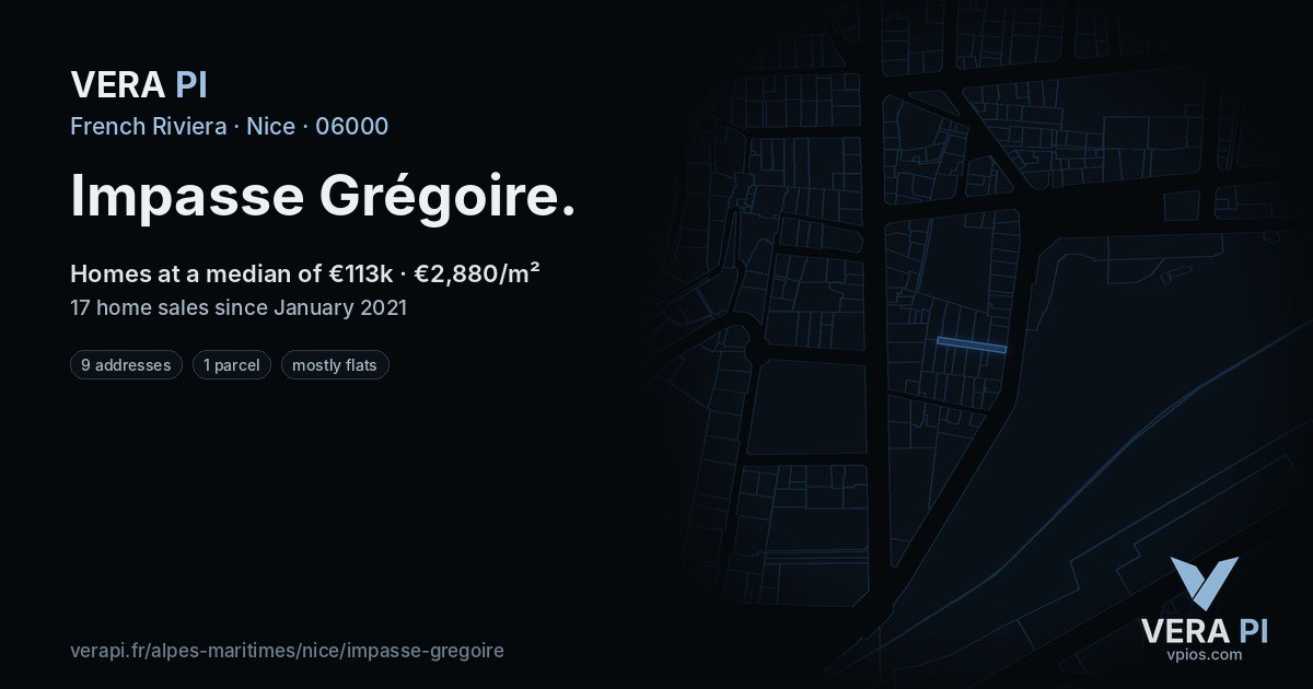 Impasse Grégoire, Nice at night – every parcel coloured by the prices around it, the street's own parcels lit