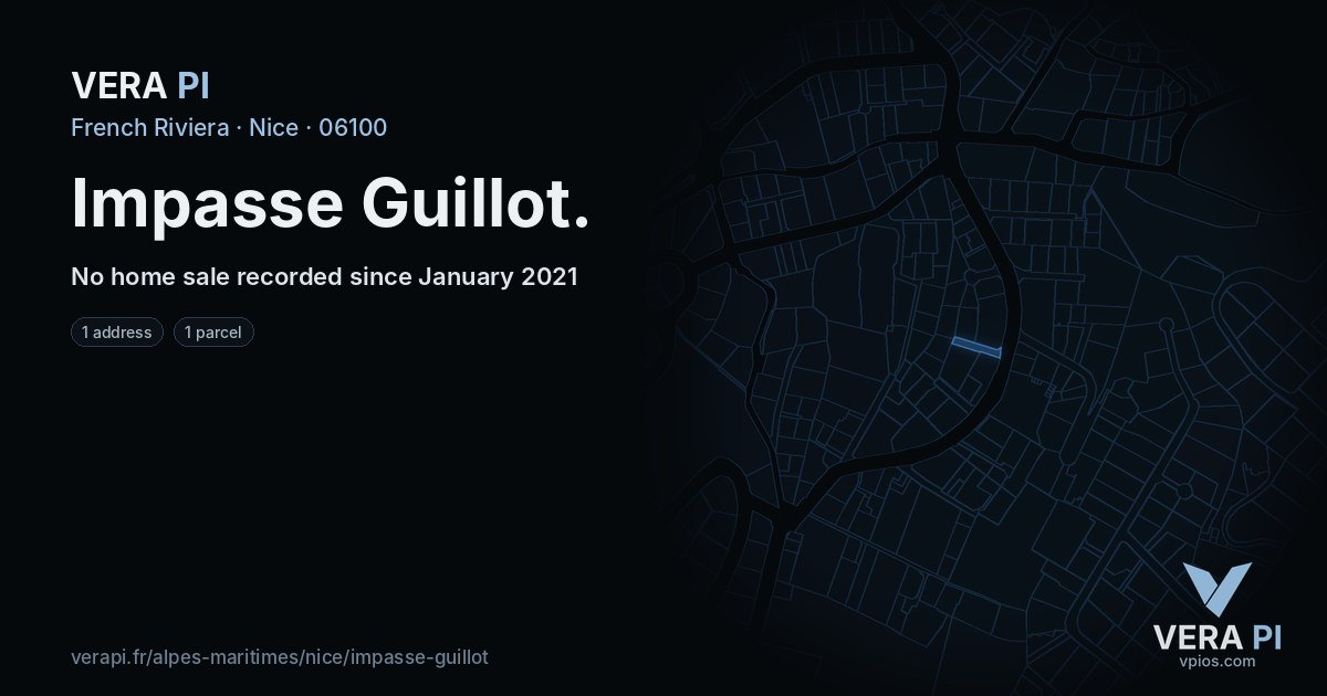 Impasse Guillot, Nice at night – every parcel coloured by the prices around it, the street's own parcels lit