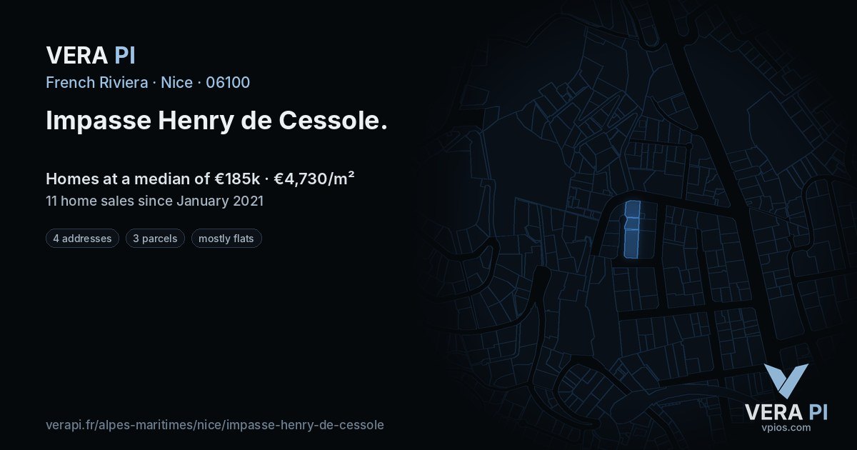 Impasse Henry de Cessole, Nice at night – every parcel coloured by the prices around it, the street's own parcels lit