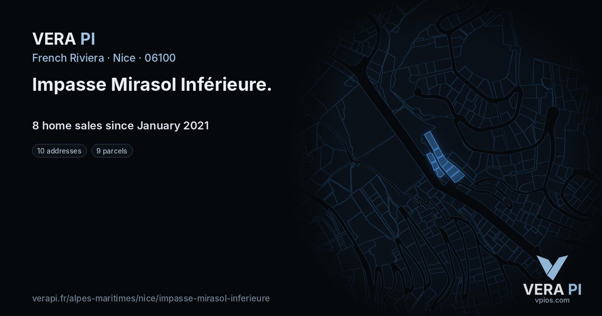 Impasse Mirasol Inférieure, Nice at night – every parcel coloured by the prices around it, the street's own parcels lit