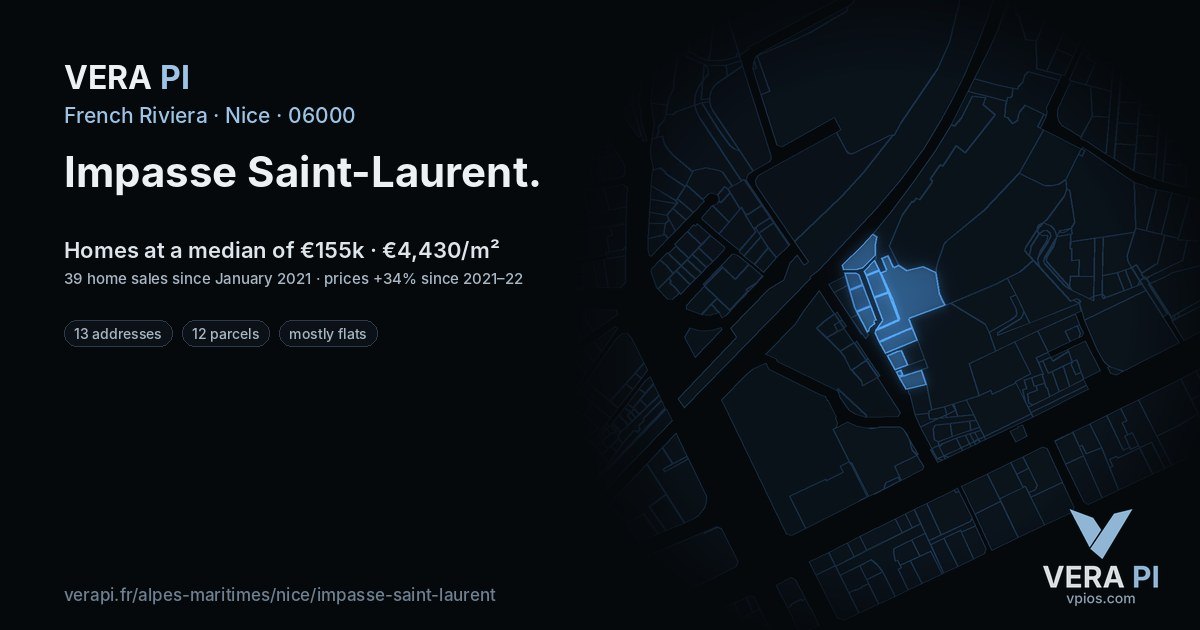 Impasse Saint-Laurent, Nice at night – every parcel coloured by the prices around it, the street's own parcels lit