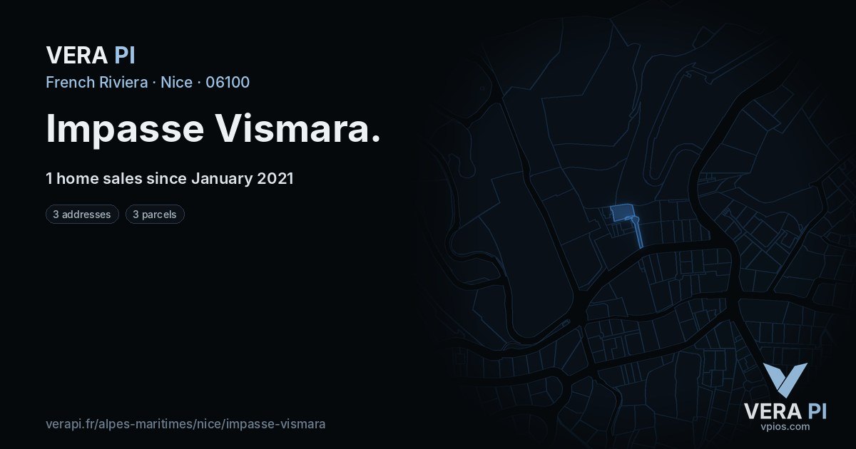 Impasse Vismara, Nice at night – every parcel coloured by the prices around it, the street's own parcels lit