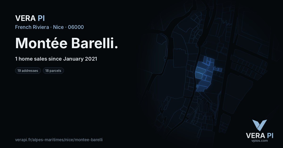 Montée Barelli, Nice at night – every parcel coloured by the prices around it, the street's own parcels lit