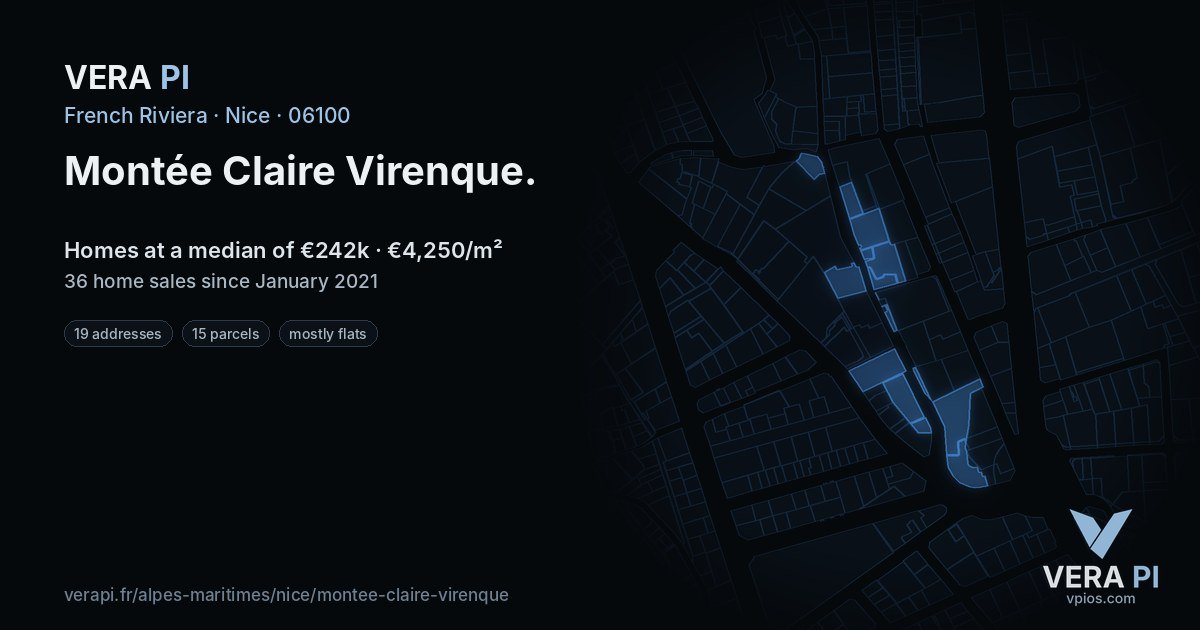 Montée Claire Virenque, Nice at night – every parcel coloured by the prices around it, the street's own parcels lit