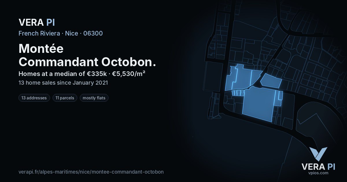 Montée Commandant Octobon, Nice at night – every parcel coloured by the prices around it, the street's own parcels lit