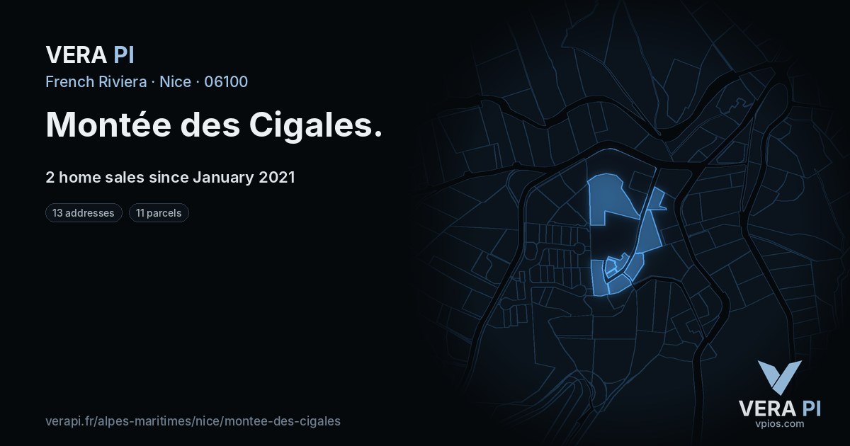 Montée des Cigales, Nice at night – every parcel coloured by the prices around it, the street's own parcels lit