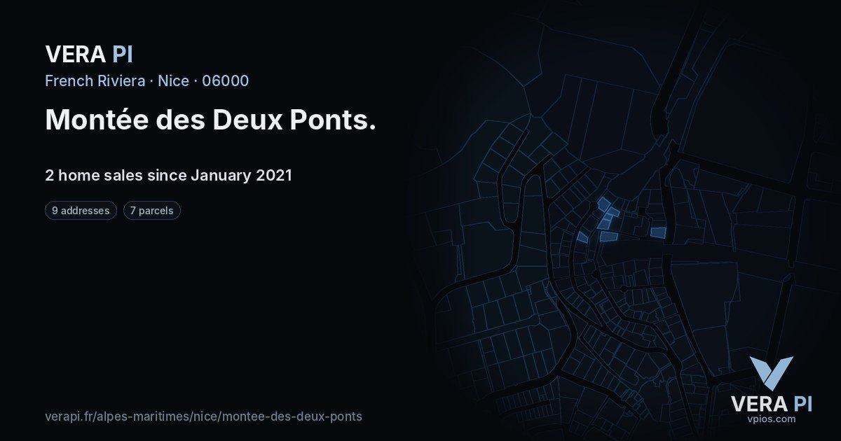 Montée des Deux Ponts, Nice at night – every parcel coloured by the prices around it, the street's own parcels lit