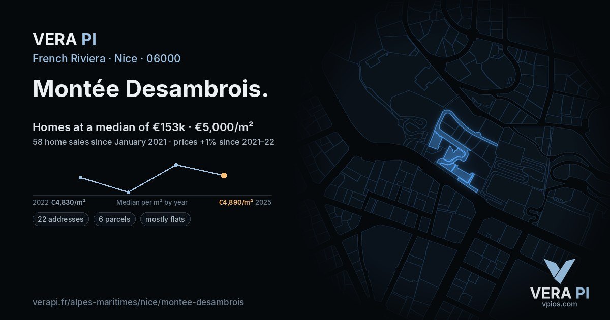 Montée Desambrois, Nice at night – every parcel coloured by the prices around it, the street's own parcels lit